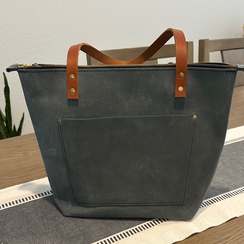 Portland Leather Goods Storm Gray Medium Tote Bag with Tan Handles